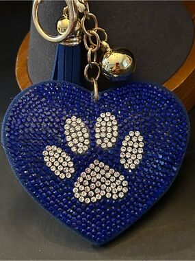 PREMIUM Puffy Blue Heart Paw 🐾 Padded Crystal Bag Charm Keychain w/Gold Clasps